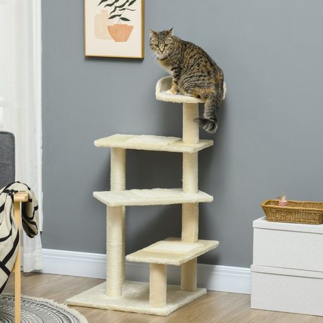 Tour à chat beige 100 cm, arbre à griffer multi-niveaux avec troncs en sisal, grande plateforme pour chatons et félins de taille moyenne