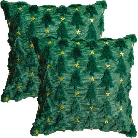 Lot de 2 housses de coussin décoratives en fausse fourrure de pin, vert/doré, 45 x 45 cm, pour l'hiver, la chambre à coucher (1/5)