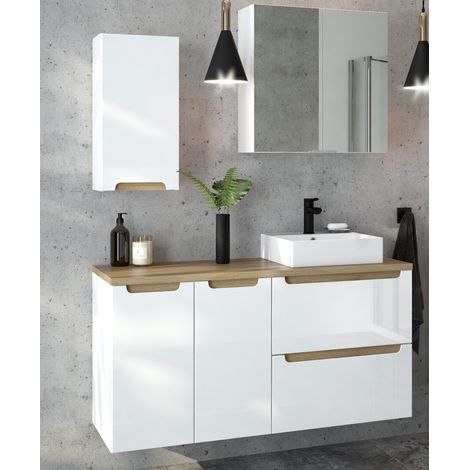Badmöbel Set Hochglanz weiß mit Trüffel-Buche SOFIA-107 mit 40cm Keramik-Waschtisch & Spiegelschrank, B/H/T ca.120/200/46 cm (1/5)
