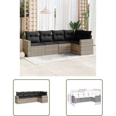 The Living Store 5-tlg. Garten-Sofagarnitur mit Kissen Hellgrau Poly Rattan - Gartensorganisation - Gartenmöbelset - Esszimmergarnitur Außen - Lounge Möbel - Outdoor Sofa (1/3)