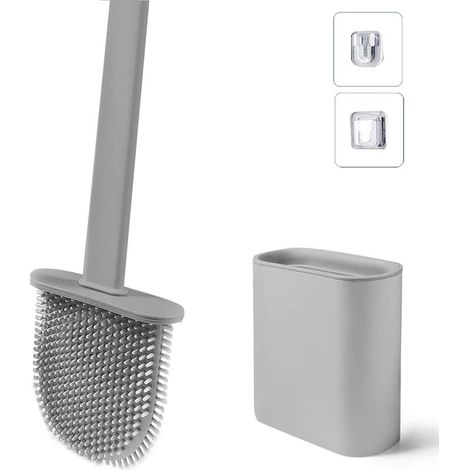 Brosse de Toilette avec Support, Brosse WC Silicone Flexible, Brosse de Toilettes à Séchage Rapide et Récipient pour Salle de Bain avec Support Murale, Grise (1/5)