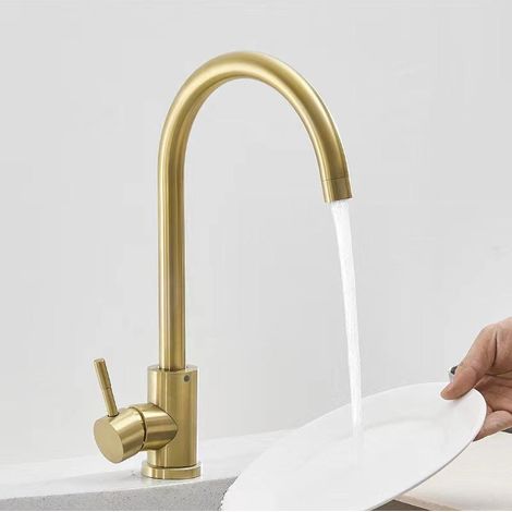 Robinet de cuisine, mitigeur eau chaude/eau froide, finition or brossé (1/3)
