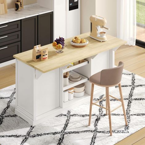 Aparador de cocina 150 x 65 x 75,5 cm, 5 cajones, puertos USB, blanco y madera HAVRYA (1/5)