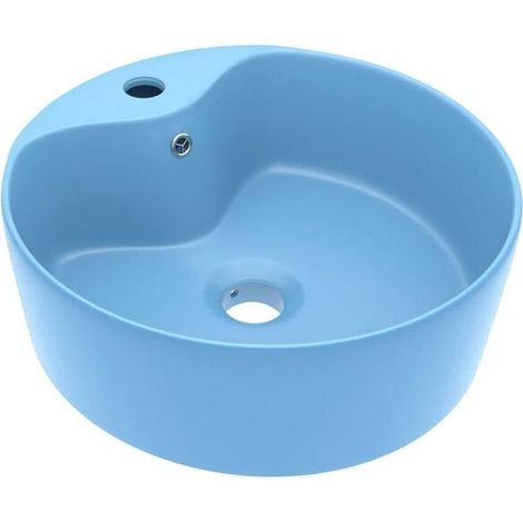Lavabo de luxe avec trop-plein, bleu clair mat, 36 x 13 cm, céramique.