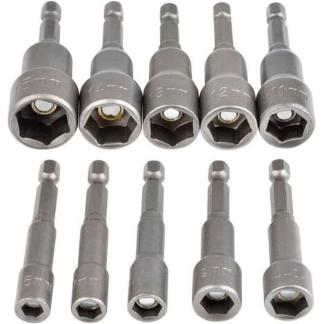Douille Hexagonale Magnétique 10Pcs Douille Visseuse à Choc 6-15mm, Clés à Douille Magnétique Hexagonale Douille Set Magnétique 1/4 Hexagonale Douille Prise Adaptateur Outil
