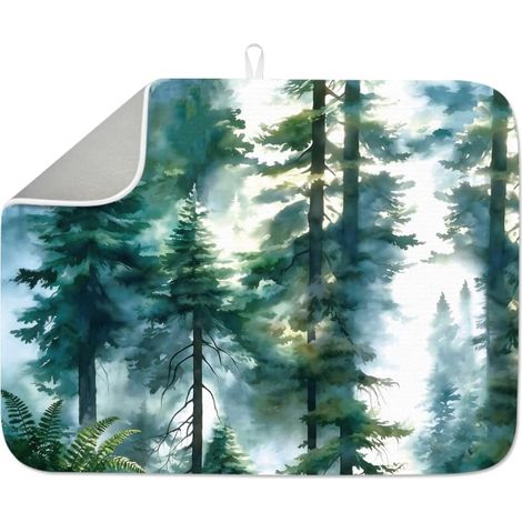 Tapis de séchage pour vaisselle en forme de pin - 60 x 45 cm - En microfibre de polyester et coton - Absorbant - Résistant à la chaleur - Avec boucle de suspension - Vert (1/5)