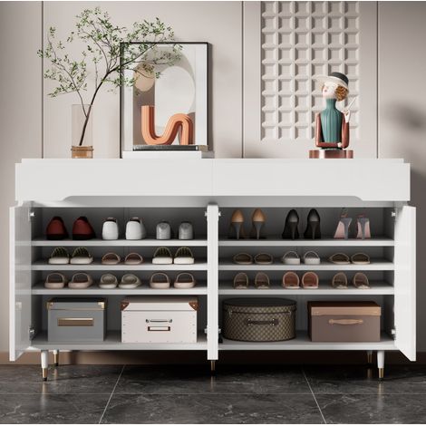 CHICFURN Mobile portascarpe 140 x 39 x 84 cm in truciolare bianco e oro, 2 cassetti (1/5)