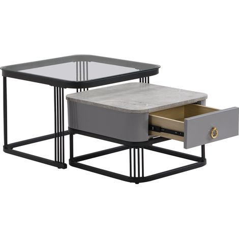 ELVMI Satztische Couchtisch mit 2 Schubladen, Marmoroptik und Glasplatte, für Wohnzimmer, aus MDF, Schwarz, 60 × 60 × 44.5 cm (1/5)