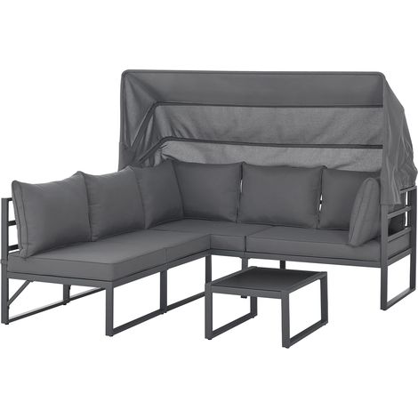 Svita – Salon de jardin îlot de soleil gris – Toit ouvrant – 2 fauteuils et table en verre trempé – Rembourrage polyester durable