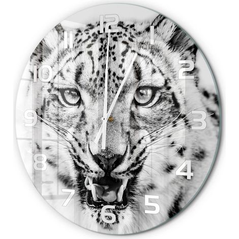 Horloge Murale Ronde Décoration Maison Classique Verre Trempé Silencieuse Léopard des neiges fi 60 cm (1/5)