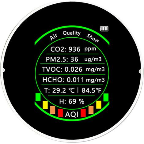 7in1 Compteur multifonctionnel de qualité de l'air PM2.5 CO2 TVOC HCHO AQI Testeur de température et d'humidité Détecteur de dioxyde de carbone à affichage couleur portable avec fonction de seuil d'al