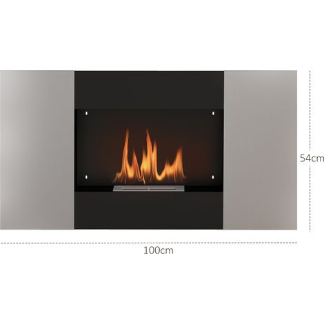 Cheminee a bioethanol 0,9L murale en acier inoxydable 100x15x54 cm noir et argent (1/5)
