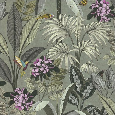 Birds wallpaper wall Profhome 387382 smooth non-woven non-textured wallpaper with hummingbirds matt green pink yellow turquoise 5.33 m2 (57 ft2) (1/5)