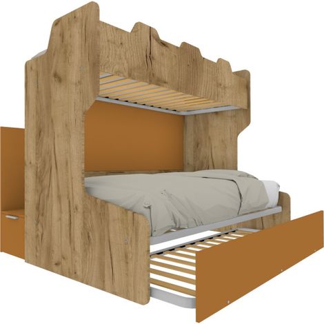 Letto a castello salvaspazio con scala contenitore - 1 Piazza e mezza + singolo - Quercia e zolfo