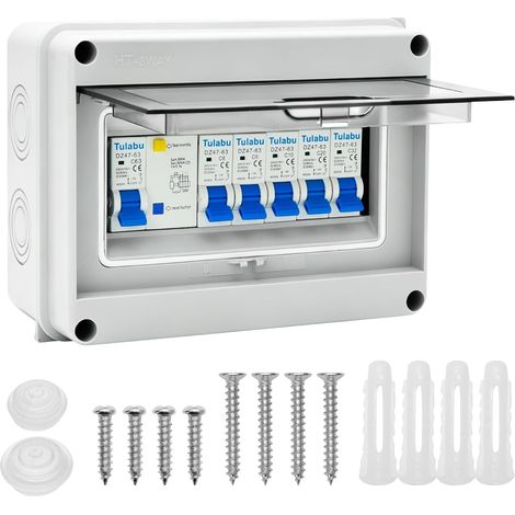 Distribution Box IP65 in Surface, 5 Modules Complete Kit with Differential Switch 63A and Terminals, Waterproof and Dustproof for Garage, Workshop and Outdoor (1/5)