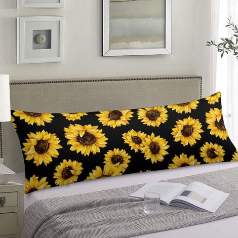 Funda de almohada retro de microfibra con estampado de girasoles, 51 cm x 137 cm, color negro.