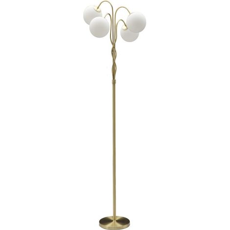 Piantana Glamy 4 luci in metallo dorato con sfere in vetro bianco