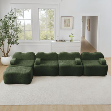 Divano angolare modulare a L 4 posti con ottomana, velluto verde, 384 cm (1/5)