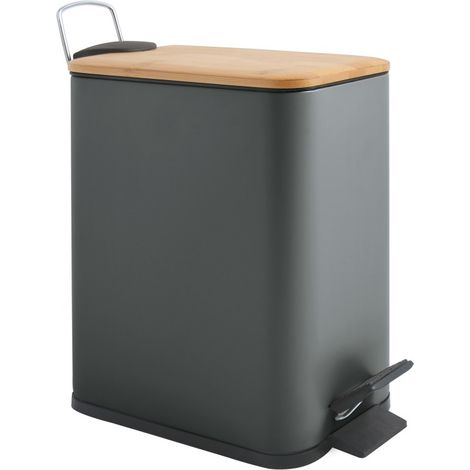 Spirella – Poubelle à pédale 5L en acier et bambou – Gris foncé mat – Mécanisme Easy-Close – Insert plastique avec poignée - ERIK 5 L