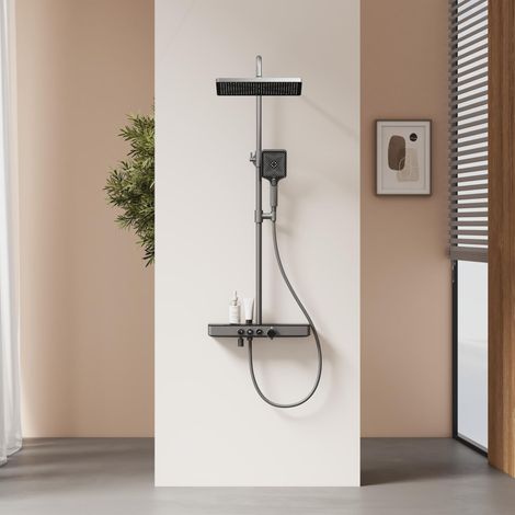 Colonne de douche avec mitigeur thermostatique, étagères en verre 45 x 13 cm, douchette, 3 types de jet, douche à effet pluie, bouche de distribution, colonne de douche thermostatique, gris métal (1/5)