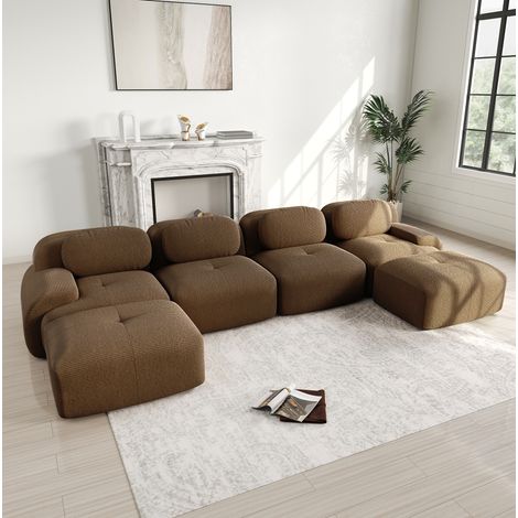 Canapé d’angle modulaire marron en velours côtelé sans montage avec mousse 32D ergonomique (1/5)