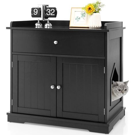 Goplus – Maison de toilette pour chat 76 x 53 x 74 cm – Meuble litière avec 2 portes et tiroir – Trous d’aération – MDF marron (1/5)