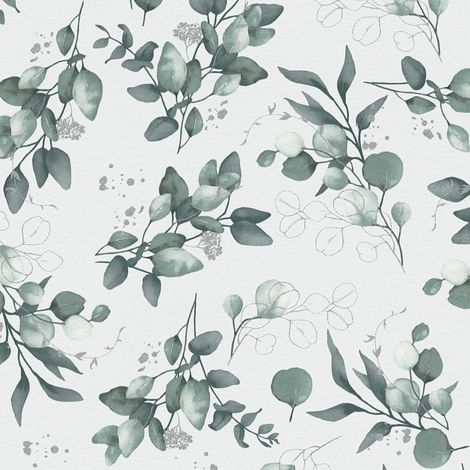 Empapelado estilo country Profhome 397682 papel pintado no tejido liso con ornamentos florales y acentos metálicos blanco verde plata 5,33 m2