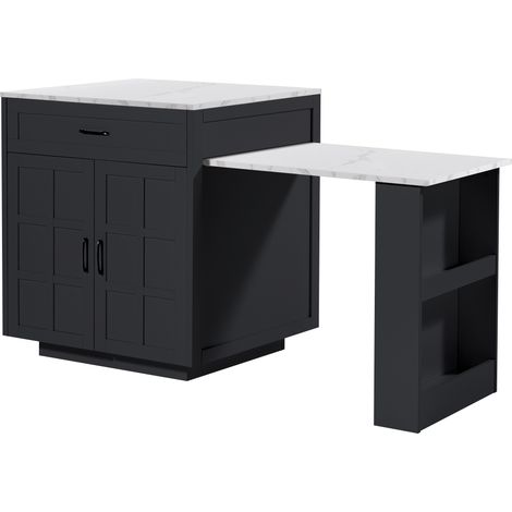 Îlot de cuisine extensible noir 133 à 202 cm, table haute avec rangement en MDF, plateau aspect marbre pour 2 à 6 personnes (1/5)