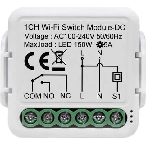 Relais WiFi 1 voie Tuya Smart Life, WiFi 2,4 GHz, PC ignifugé, AC 100-240 V, 50 W, neutre phase, protection surcharges, commande vocale manuelle (1/5)