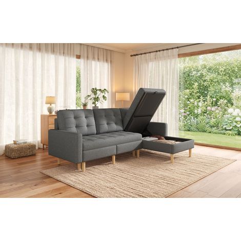 Canapé d'angle 212×130×86cm avec rangement, canapé en L avec méridienne réversible, canapé d'angle 3 places en non-tissé, canapé d'angle pour petit appartement, canapé avec coffre de rangement, canapé (1/5)