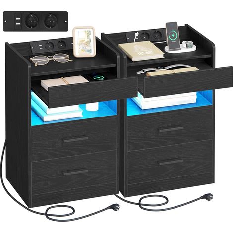 Table de Chevet Lot de 2, Tables d’Appoint avec avec Compartiment caché, Table de Nuit connectée & Éclairage LED, 2 AC, 2 USB, pour Chambre, Salon, 35 x 40 x 64 cm, Noir (1/5)