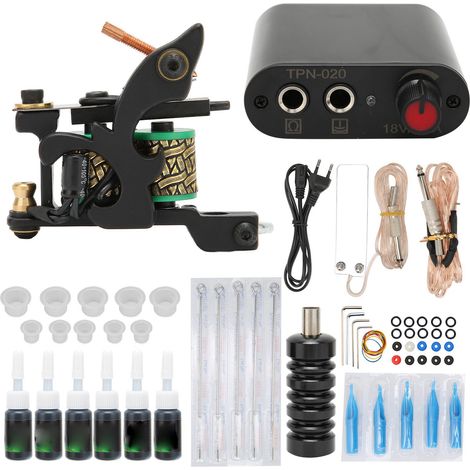 Kit de machine à tatouer à bobine WSTZ0803‑20 noir, bloc d’alimentation mini 90‑265V avec prise UE, pour débutants et professionnels (1/5)