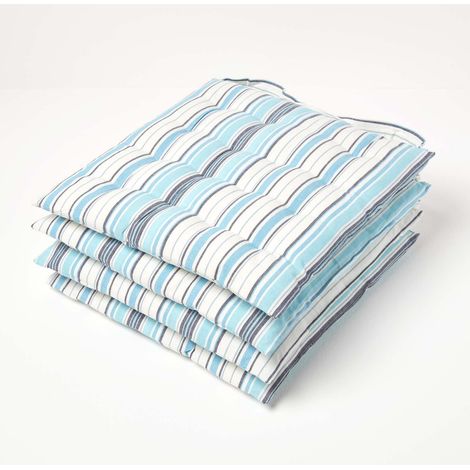 HOMESCAPES New England Stripe Seat Pad with Button Straps 100% Cotton 40 x 40 cm Set of 4
