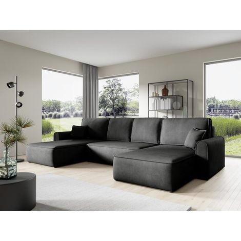 Canapé d'angle panoramique convertible LORIO en tissu aspect velours noir