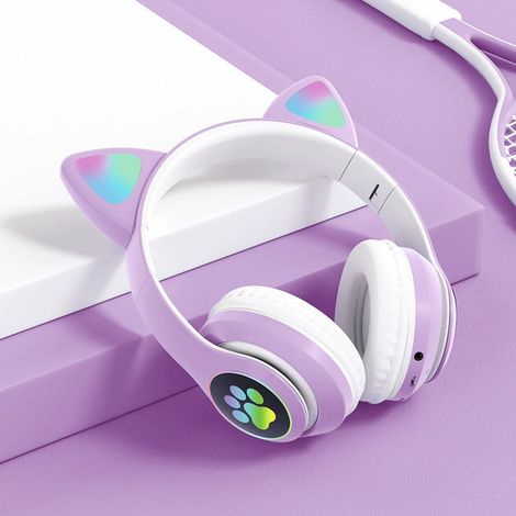 Casque sans fil pour enfants avec oreilles de chat, pliable Bluetooth, LED clignotantes, micro, pour iPhone iPad tablette, violet (1/5)
