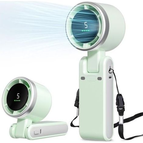 Ventilateur portable, mini ventilateur, ventilateur turbo portable, ventilateur portable rechargeable, 5 vitesses, affichage LED, design pliable (vert) (1/5)