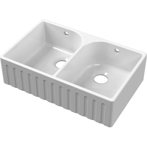 Fireclay Kitchen Double Bowl Fluted Front Butler Sink Full Weir 795mm (1/5)