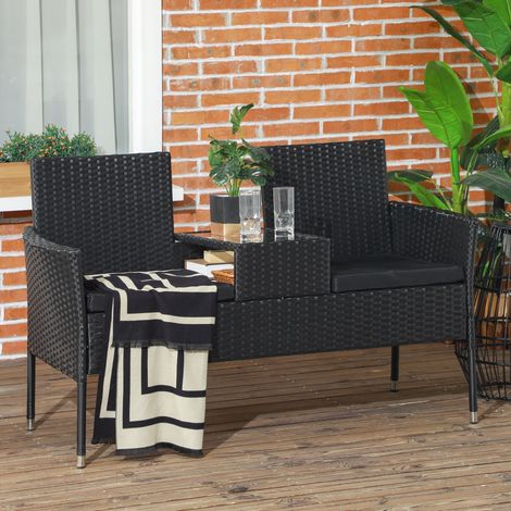 Banc extérieur 2 places table basse acier rotin PE - Dimensions: 137x59x82 cm - Couleur: Noir