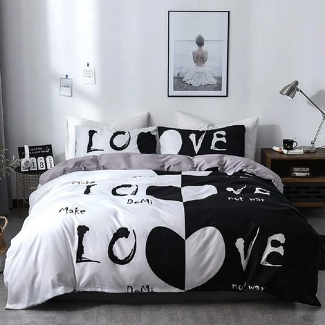 Parure de lit 200x200 cm Amour pour couple 3 pièces Noir et blanc, housse de couette avec fermeture éclair et taie d'oreiller 80x80 cm (Love, 200x200) (1/5)