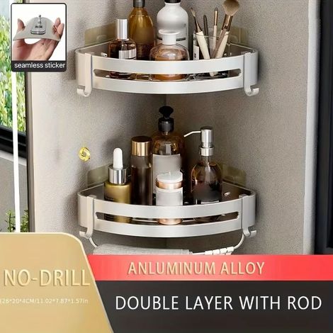 (2 Silver Triangle HR) 1 étagère de rangement murale d'angle en aluminium sans perçage pour salle de bain - Idéale pour ranger shampoing, gel douche et cosmétiques. (1/5)