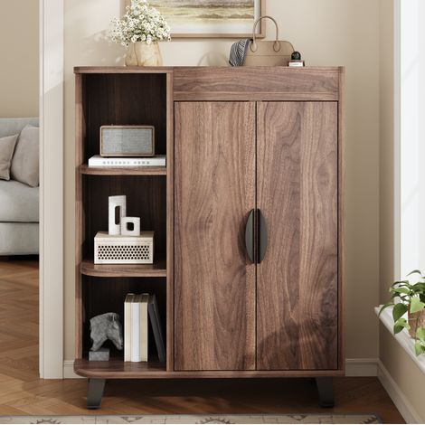 Schuhschrank aus Spanplatte in Nussbaum 80 x 32 x 99 cm mit 2 Türen, offenen Fächern und Ablage (1/5)