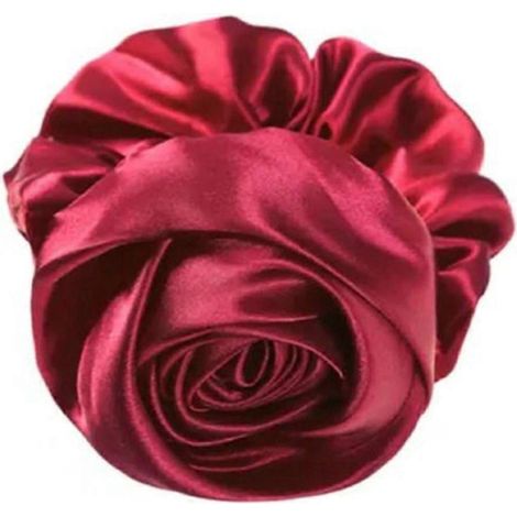 Chouchou pour cheveux femme, décor rose 3D, élastique en satin lisse, doux pour le cuir chevelu-Red (1/5)