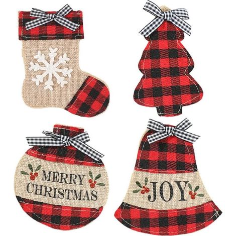 Lot de 4 porte-couverts de Noël, sachets organisateurs d'argenterie en lin à carreaux premium avec éléments festifs, poche à fourchette décorative pour la table de Noël et dîner de fête, porte-ustensi (1/5)