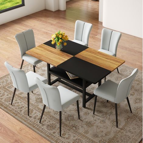 Conjunto mesa comedor 160x90x76 cm MDF y metal marrón negro, 6 sillas, almacenaje – MEUBLIV (1/5)