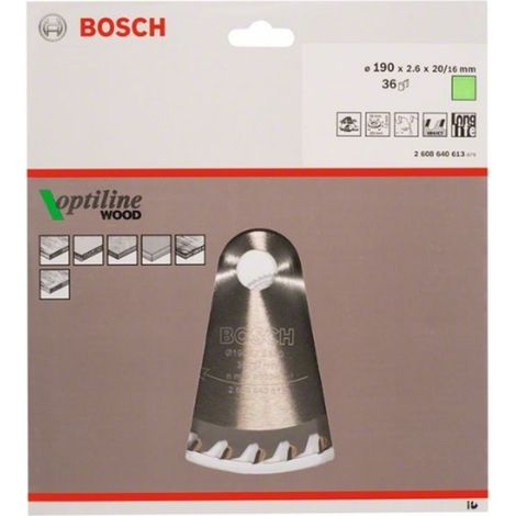 BOSCH DISCO SIERRA OPTILINE MADERA130 X 2.4 X 20/16D: 20WZ Diámetro disco x eje (mm) 190x20 Número de dientes 36