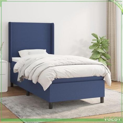 Lit avec sommier à lattes - 80 x 200 cm - Matelas 20 cm ressorts ensachés - Tête de lit réglable - Bleu (1/5)