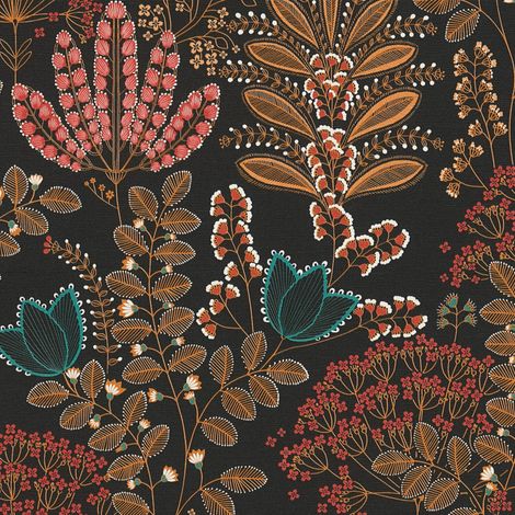 Papel pintado floral Profhome 393495 papel pintado vinílico estampado en caliente tejido non tejido ligeramente texturado con ornamentos florales mate negro naranja-rojo azul blanco 5,33 m2