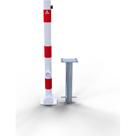 Schake Absperrpfosten umlegbar zum Einbetonieren aus Stahlrohr verzinkt Ø60x2,5mm weiß mit rot reflektierenden Leuchtstreifen, Dreikantverschluss und Stahlkappe 900mm Überflur (1/2)