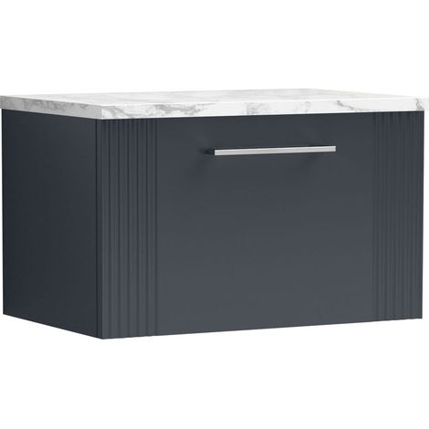 Belvide Partial Fluted 1 Drawer Wall Hung Vanity Unit with Carrera Marble Laminate Worktop - 600mm - Satin Soft Black