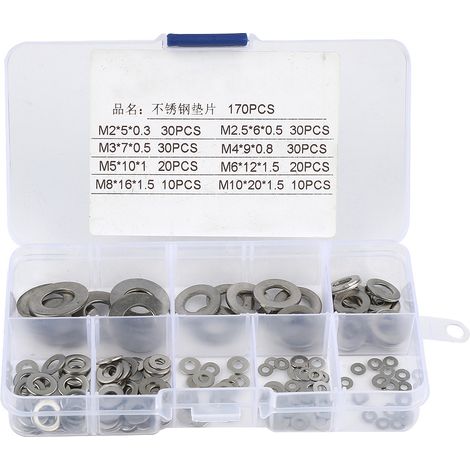Rondelle Plate Inox M2-M10 Acier Inoxydable Résistant Corrosion Pour Mécanique Bricolage Maison Kit 170 Pièces (1/5)